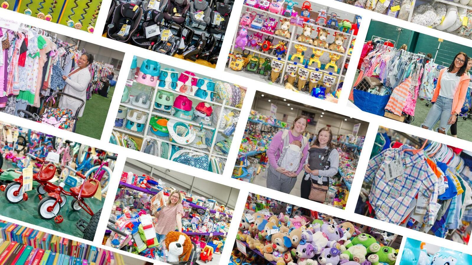 Collage of pictures of children's items. Balls, toys, books, shoes, clothing, car seats, baby items and people shopping.