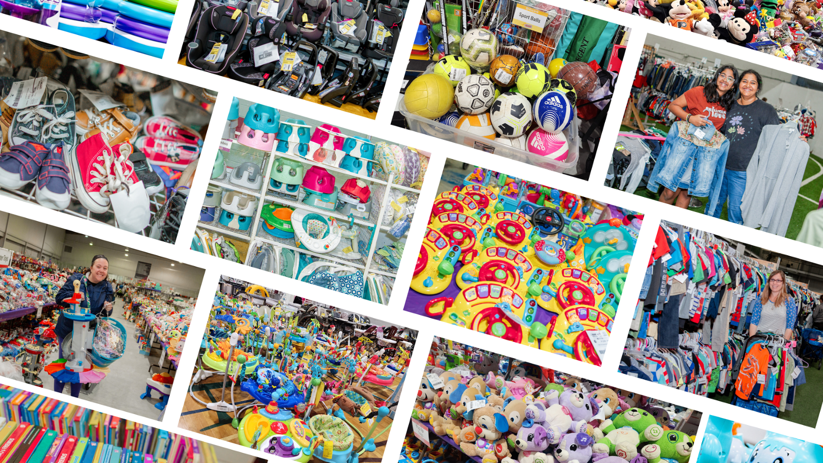 Collage of pictures of children's items. Balls, toys, books, shoes, clothing, car seats, baby items and people shopping.