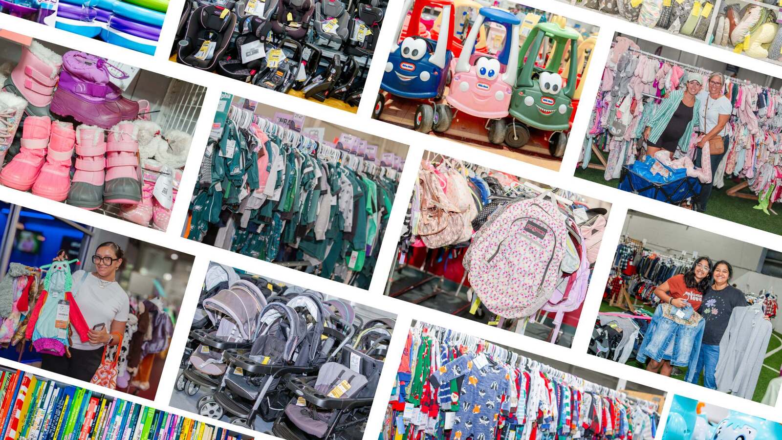 Collage of pictures of children's items. Balls, toys, books, shoes, clothing, car seats, baby items and people shopping.