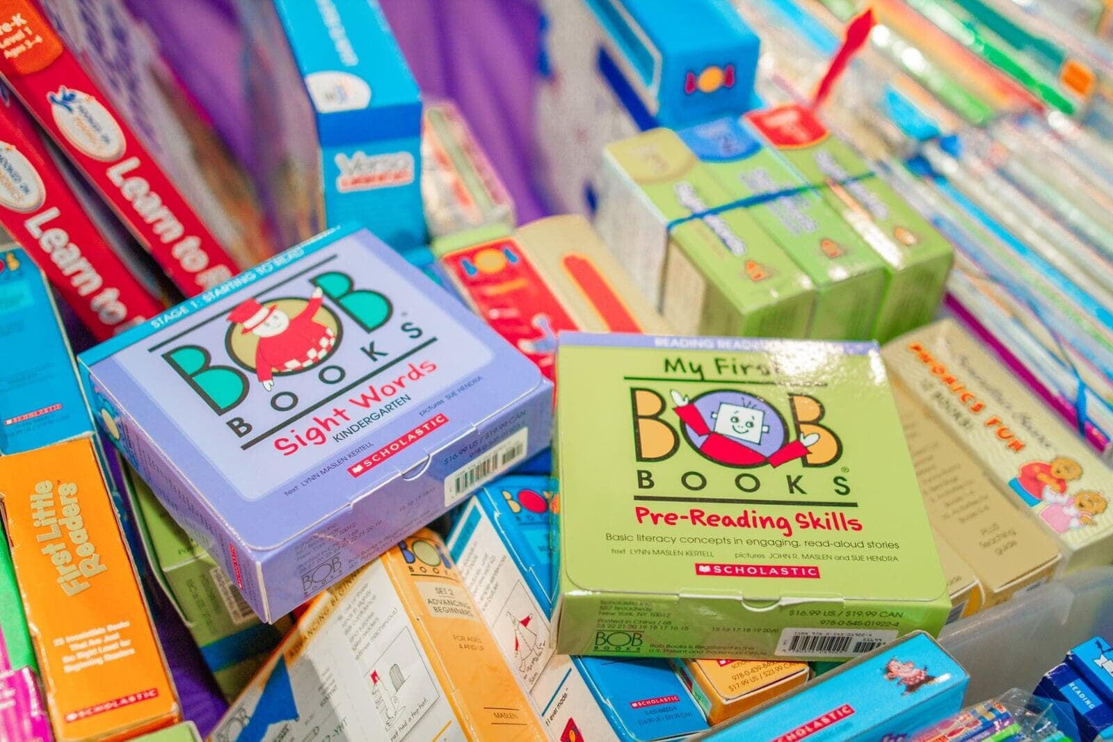 BOB books in bins.