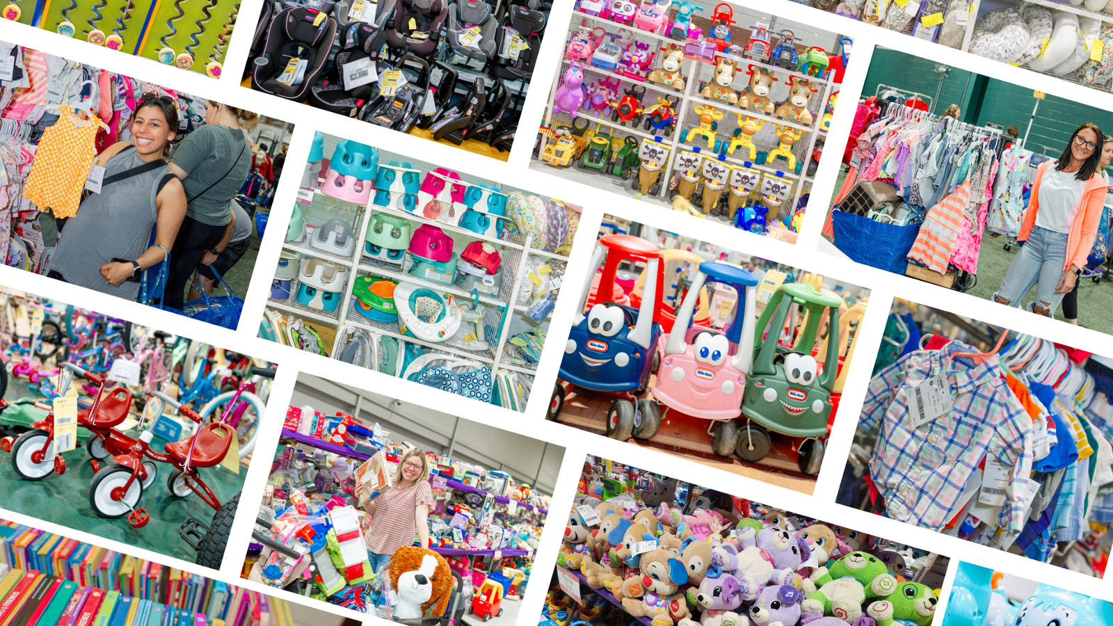 Collage of pictures of children's items. Balls, toys, books, shoes, clothing, car seats, baby items and people shopping.