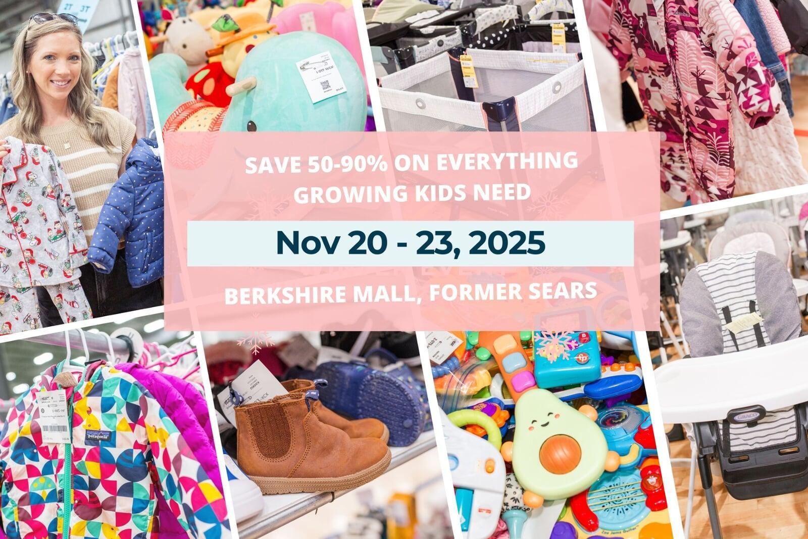 Collage of pictures of children's items. Balls, toys, books, shoes, clothing, car seats, baby items and people shopping.